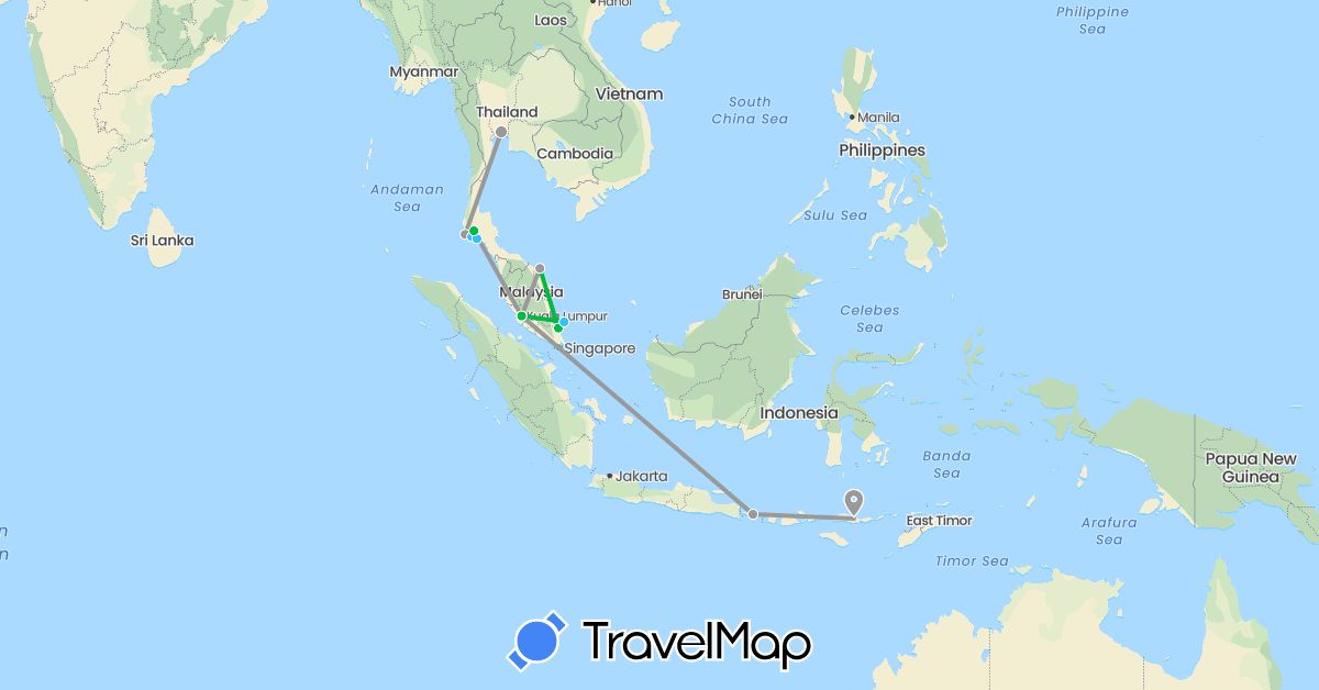 TravelMap itinerary: bus, plane, boat in Indonesia, Malaysia, Thailand (Asia)
